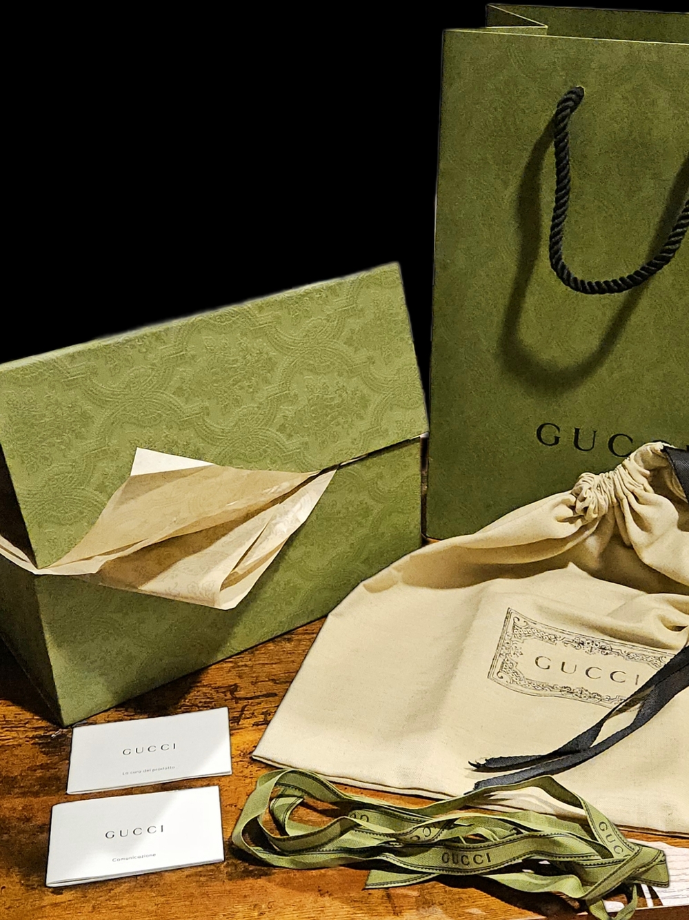 6pc GUCCI Green Paisley Gift Box Dust Bag Shopping Bag Tissue Ribbon Card Set